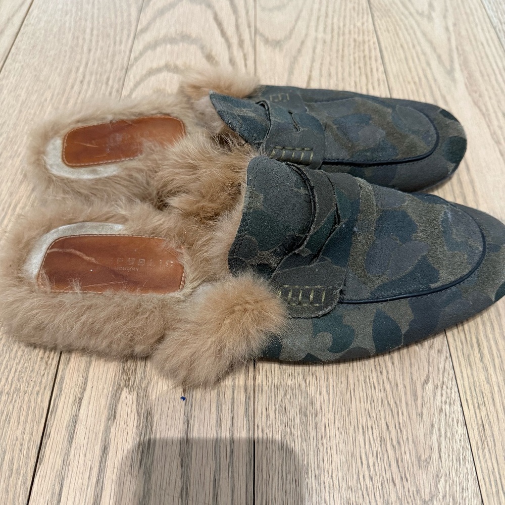 New Republic faux fur camo mules